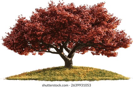 Vector composition design large autumn tree on green grass, cut out transparent backgrounds, fall nature, seasonal tree, outdoor landscape, foliage, autumn leaves, ecofriendly