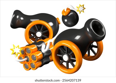 Vector composition for design with vintage artillery. Explosive concept in cartoon style