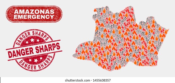 Vector composition of disaster Amazonas State map and red rounded scratched Danger Sharps stamp. Emergency Amazonas State map mosaic of burning, power hazard items.