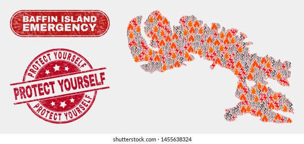 Vector composition of disaster Baffin Island map and red round scratched Protect Yourself stamp. Emergency Baffin Island map mosaic of flame, electric shock items.