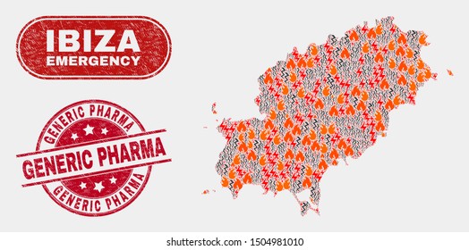 Vector composition of disaster Ibiza Island map and red rounded grunge Generic Pharma seal stamp. Emergency Ibiza Island map mosaic of flame, power flash icons. Vector composition for safety services,