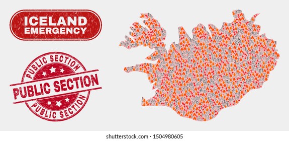 Vector composition of disaster Iceland map and red round distress Public Section seal stamp. Emergency Iceland map mosaic of burning, electric strike items. Vector combination for guard services,