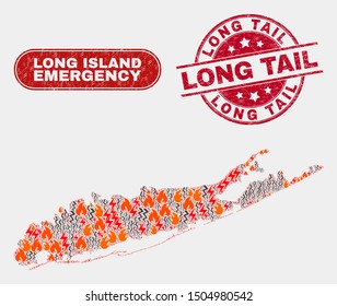Vector composition of disaster Long Island map and red rounded textured Long Tail seal stamp. Emergency Long Island map mosaic of burning, power lightning elements.