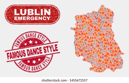 Vector composition of disaster Lublin Voivodeship map and red round scratched Famous Dance Style seal stamp. Emergency Lublin Voivodeship map mosaic of burning, power hazard symbols.