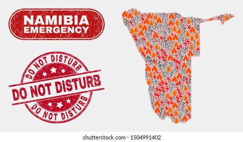 Vector composition of disaster Namibia map and red rounded textured Do Not Disturb seal stamp. Emergency Namibia map mosaic of destruction, power flash icons. Vector collage for insurance services,