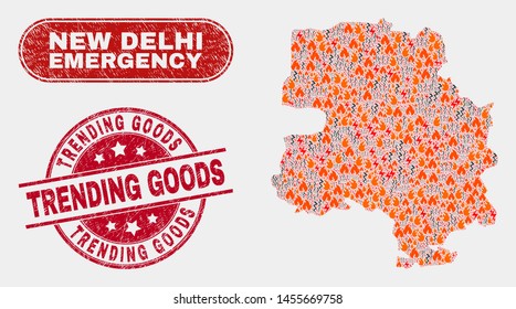 Vector composition of disaster New Delhi City map and red round grunge Trending Goods seal stamp. Emergency New Delhi City map mosaic of destruction, electric flash icons.