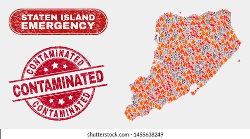 Vector composition of disaster Staten Island map and red round distress Contaminated seal stamp. Emergency Staten Island map mosaic of fire, power strike symbols.