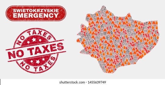Vector composition of disaster Swietokrzyskie Voivodeship map and red round scratched No Taxes stamp. Emergency Swietokrzyskie Voivodeship map mosaic of fire, electric flash icons.