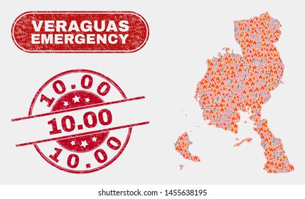 Vector composition of disaster Veraguas Province map and red rounded grunge 10.00 seal stamp. Emergency Veraguas Province map mosaic of flame, power shock symbols.