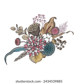 Composición vectorial de flores secas, hojas y ramas. Diferentes flores, hojas de palma, eucalipto y otras plantas en hermoso ramo