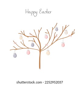 Vector composition of Easter eggs on a tree.  Greeting card on holiday.