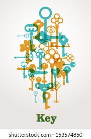 Vector composition with elements of silhouettes of keys, locks, keyholes