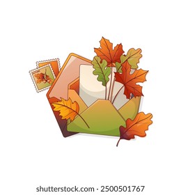 Vector composition of envelopes with autumn leaves. Illustration of bouquet of leaves. Postage stamp. Perfect for decoration of card.