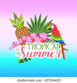 Vector composition with exotic flowers, Orchid, pineapple and bright parrot. 