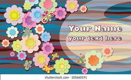 Vector composition. Fabric flowers on an abstract background. Painted butterflies.