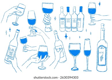 Vector composition featuring wine bottles, glasses, and hands in various poses, surrounded by sparkling accents. Blue outline illustration perfect for branding, packaging, events, and themed decor.