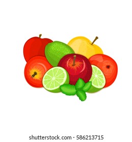 Vector composition of a few apples citrus lime and mint leaves Yellow, red and green apple fruits whole and slice tropical lemon fruit with pepper mint leaf for design of juice breakfast.,vegan food.