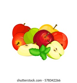 Vector composition of a few apples. Yellow, red and green apple fruits and mint leaves. Group of tasty fruits colorful design for the packaging of juice, breakfast, healthy eating, vegetarianism