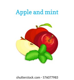 Vector composition of a few red apples and mint leaves. Red apple fruits appetizing looking. Group of tasty ripe apple with pepper mint leaf packaging design of juice, breakfast, healthy vegan food