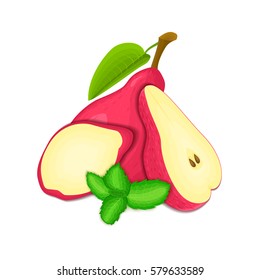 Vector composition of a few red pears and mint leaves. Red pear fruits appetizing looking. Group of tasty ripe pear with pepper mint leaf packaging design of juice, breakfast, healthy vegan food