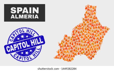Vector composition of fire Almeria Province map and blue round grunge Capitol Hill stamp. Orange Almeria Province map mosaic of flame elements. Vector composition for emergency services,
