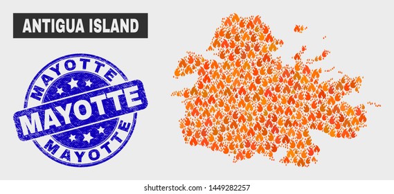 Vector composition of fire Antigua Island map and blue rounded distress Mayotte seal stamp. Fiery Antigua Island map mosaic of flame symbols. Vector collage for emergency services,