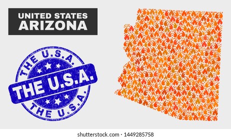 Vector composition of fire Arizona State map and blue rounded scratched The U.S.A. seal stamp. Fiery Arizona State map mosaic of fire icons. Vector collage for fire protection services, and The U.S.A.