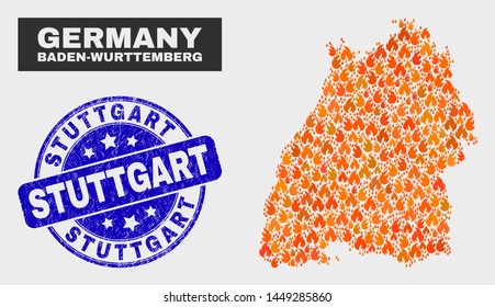 Vector composition of fire Baden-Wurttemberg Land map and blue rounded textured Stuttgart seal. Fiery Baden-Wurttemberg Land map mosaic of fire elements.