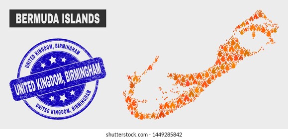 Vector composition of fire Bermuda Islands map and blue rounded textured United Kingdom, Birmingham seal stamp. Orange Bermuda Islands map mosaic of flame items.