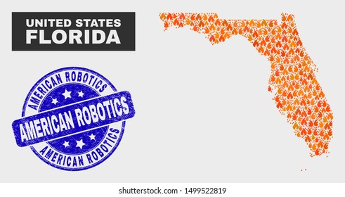 Vector composition of fire Florida State map and blue rounded distress American Robotics seal. Orange Florida State map mosaic of flame items. Vector composition for insurance services,