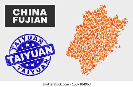 Vector composition of fire Fujian Province map and blue rounded textured Taiyuan stamp. Fiery Fujian Province map mosaic of fire elements. Vector collage for guard services, and Taiyuan seal stamp.