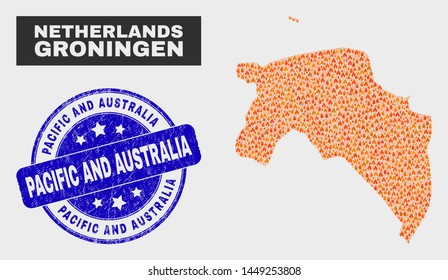 Vector composition of fire Groningen Province map and blue round textured Pacific and Australia seal stamp. Fiery Groningen Province map mosaic of wildfire elements.