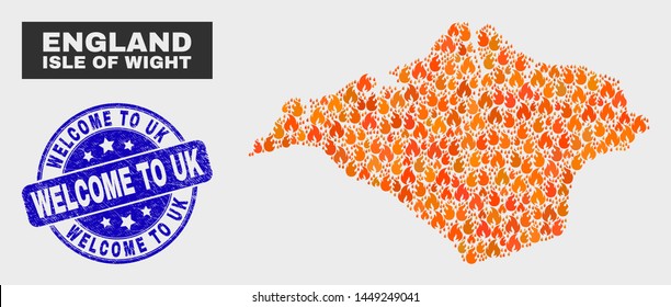 Vector composition of fire Isle of Wight map and blue round textured Welcome to Uk seal stamp. Fiery Isle of Wight map mosaic of fire icons. Vector composition for fire protection services,