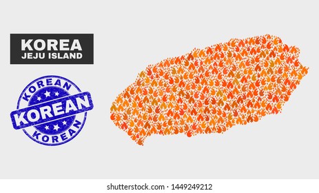 Vector composition of fire Jeju Island map and blue round grunge Korean seal stamp. Orange Jeju Island map mosaic of fire icons. Vector combination for insurance services, and Korean seal stamp.