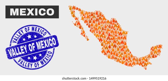 Vector composition of fire Mexico map and blue round grunge Valley of Mexico watermark. Orange Mexico map mosaic of fire icons. Vector composition for insurance services, and Valley of Mexico seal.
