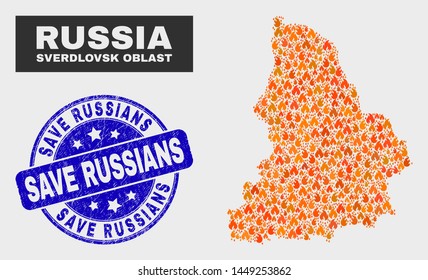 Vector composition of fire Sverdlovsk Region map and blue rounded scratched Save Russians stamp. Orange Sverdlovsk Region map mosaic of fire items. Vector composition for fire protection services,