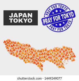 Vector composition of fire Tokyo Prefecture map and blue rounded grunge Pray for Tokyo stamp. Fiery Tokyo Prefecture map mosaic of fire elements. Vector composition for emergency services,
