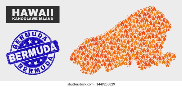 Vector composition of fired Kahoolawe Island map and blue rounded textured Bermuda seal stamp. Fiery Kahoolawe Island map mosaic of fire elements. Vector composition for emergency services,
