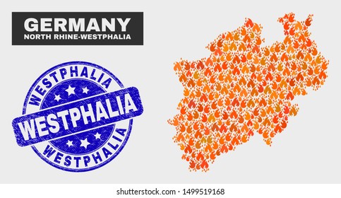 Vector composition of fired North Rhine-Westphalia Land map and blue round textured Westphalia seal stamp. Fiery North Rhine-Westphalia Land map mosaic of fire items.