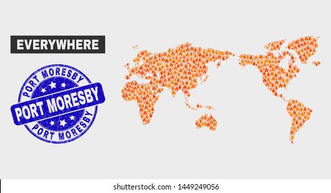 Vector composition of fired world map and blue rounded grunge Port Moresby seal stamp. Fiery world map mosaic of fire elements. Vector composition for fire protection services,