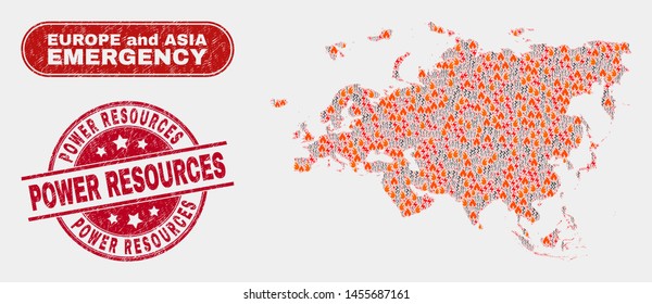 Vector composition of firestorm Europe and Asia map and red round grunge Power Resources seal stamp. Emergency Europe and Asia map mosaic of destruction, power strike items.