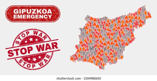 Vector composition of firestorm Gipuzkoa Province map and red round scratched Stop War seal stamp. Emergency Gipuzkoa Province map mosaic of destruction, electric hazard items.