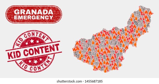 Vector composition of firestorm Granada Province map and red rounded textured Kid Content seal stamp. Emergency Granada Province map mosaic of wildfire, electric lightning items.