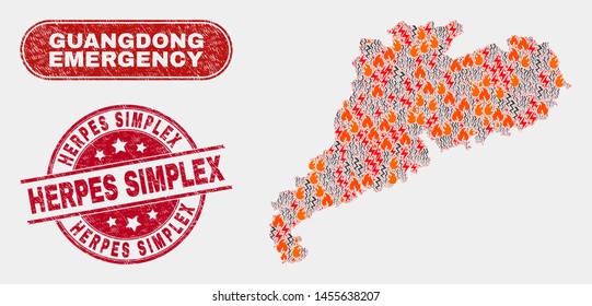 Vector composition of firestorm Guangdong Province map and red round distress Herpes Simplex seal stamp. Emergency Guangdong Province map mosaic of wildfire, electric lightning items.