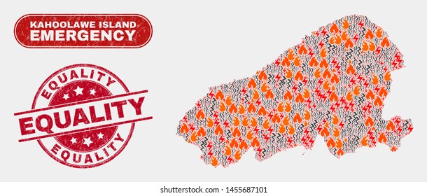 Vector composition of firestorm Kahoolawe Island map and red round textured Equality watermark. Emergency Kahoolawe Island map mosaic of burning, energy strike items.