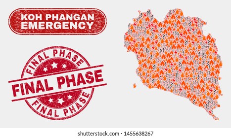 Vector composition of firestorm Koh Phangan map and red rounded grunge Final Phase seal stamp. Emergency Koh Phangan map mosaic of wildfire, power shock elements.