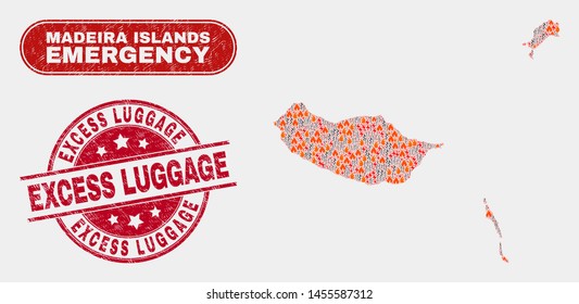 Vector composition of firestorm Madeira Islands map and red rounded scratched Excess Luggage seal stamp. Emergency Madeira Islands map mosaic of destruction, electric hazard elements.