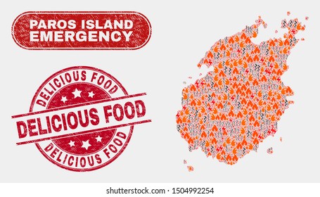 Vector composition of firestorm Paros Island map and red rounded distress Delicious Food stamp. Emergency Paros Island map mosaic of burning, power lightning items.