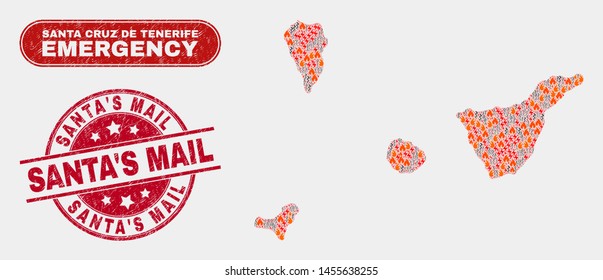 Vector composition of firestorm Santa Cruz de Tenerife Province map and red rounded textured Santa'S Mail seal. Emergency Santa Cruz de Tenerife Province map mosaic of burning, electric shock symbols.