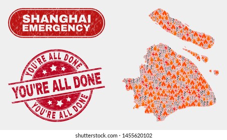 Vector composition of firestorm Shanghai City map and red round grunge You'Re All Done seal stamp. Emergency Shanghai City map mosaic of flame, power hazard elements.
